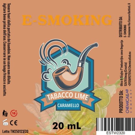 TABACCO  LIME E CARAMELLO AROMA 20 ML E-SMOKING + GLICERINA 30ML