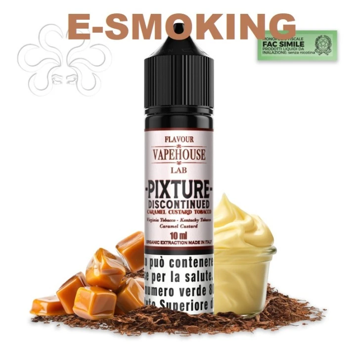 LAB PIXTURE DISCONTINUED AROMA 10/60 ML SHOT VAPEHOUSE VIRGINIA TOBACCO, KENTUCKY TOBACCO, CARAMEL CUSTARD