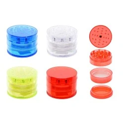 GRINDER IN PLASTICA TRASPARENTE COLORATA, 4 PARTI CON RETE, DIAMETRO 6 CM